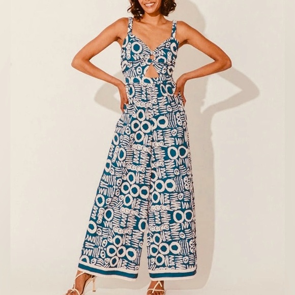 NEW CLEOBELLA Sade Jumpsuit In Isla Blue Pink Pattern Sleeveless Keyhole Cutout